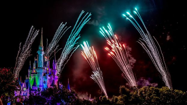 Orlando, Florida – Sept 4: The famous Wishes nighttime spectacular fireworks light up the sky at the Disney Magic Kingdom Castle in Orlando, Florida, on September 4, 2014
