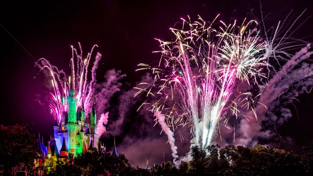 Orlando, Florida – Sept 4: The famous Wishes nighttime spectacular fireworks light up the sky at the Disney Magic Kingdom Castle in Orlando, Florida, on September 4, 2014