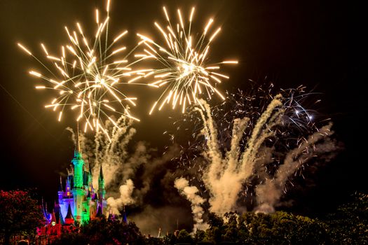 Orlando, Florida – Sept 4: The famous Wishes nighttime spectacular fireworks light up the sky at the Disney Magic Kingdom Castle in Orlando, Florida, on September 4, 2014