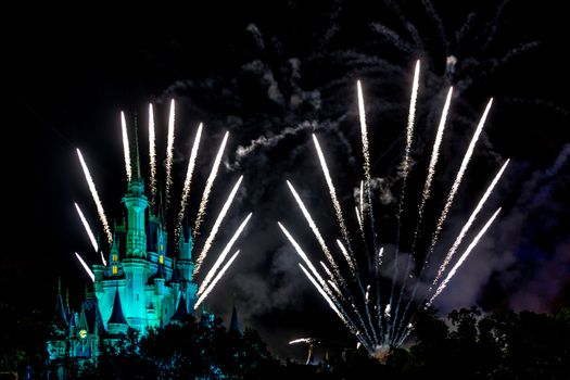 Orlando, Florida – Sept 4: The famous Wishes nighttime spectacular fireworks light up the sky at the Disney Magic Kingdom Castle in Orlando, Florida, on September 4, 2014