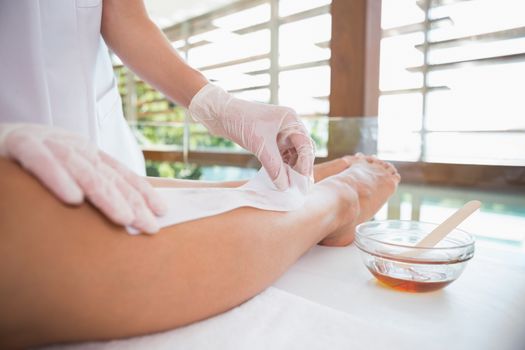 Woman getting her legs waxed by beauty therapist in the health spa