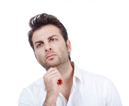 man in white shirt looking up, thinking - isolated on white