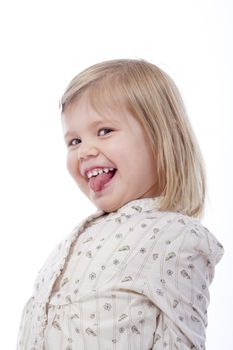 portrait of a little girl with blond hair laughing - isolated on white