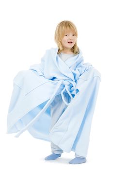 boy with long blond hair in bathrobe of his mother - isolated on white