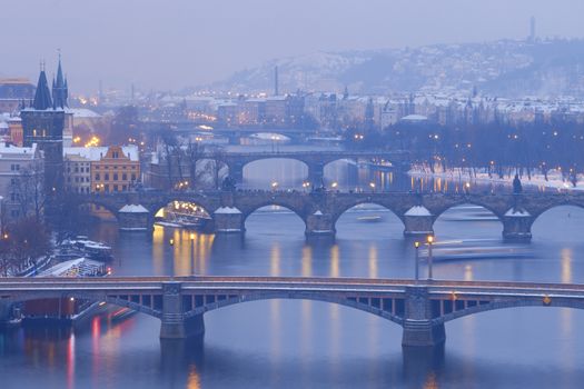 czech republic, prague - bridges over vltava river at dusk