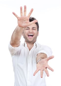 excited man in shirt with both arms outstretched toward camera - isolated on white