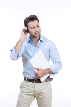 businessman with laptop and cellphone standing - isolated on white