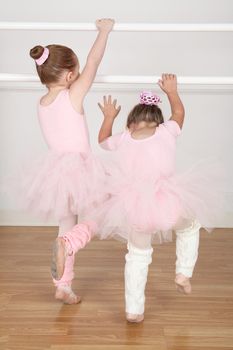 Beautiful little ballet dancers at the dance studio barre