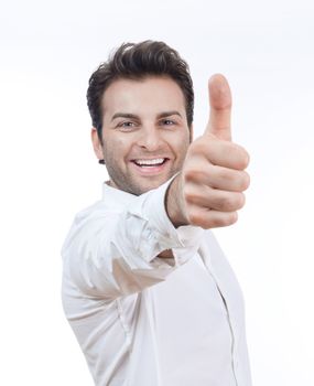 man in shirt smiling holding his thumb up - isolated on white