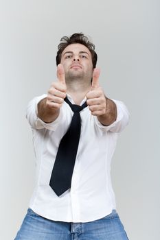 man in white shirt and tie holding his both thumbs up - isolated on white