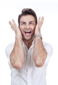 excited man in shirt with both arms up looking suprised - isolated on white
