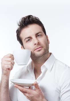 man in shirt holding cup of coffee looking up - isolated on white