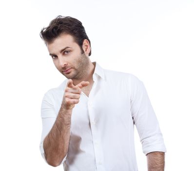 man in white shirt standing, pointing toward camera - isolated on white