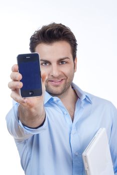 businessman with laptop looking at cellphone, smiling- isolated on white