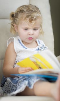 Adorable Blonde Haired Blue Eyed Little Girl Reading Her Book in the Chair.