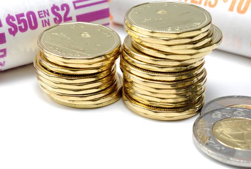 Canadian coins on white background