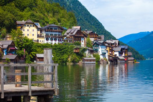 View of Hallstatt village on Hallstatter lake shore, Austria