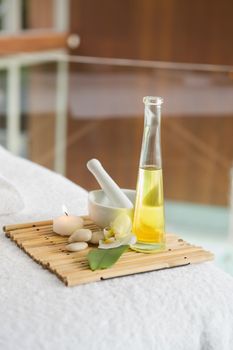 Beauty treatments on massage table at the health spa