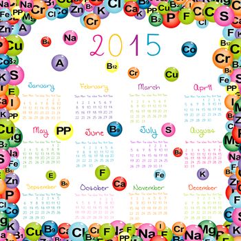 2015 Calendar with chemical formulas of minerals and vitamins