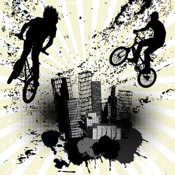 Grunge background with two bikers and city skyline over sunburst