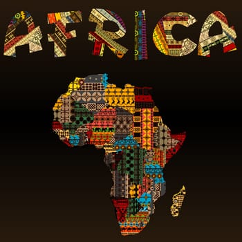 Africa map with African typography made of patchwork fabric texture