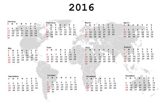 2016 Calendar for agenda with world map