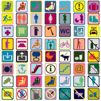 Colored signs icons used in transportation means