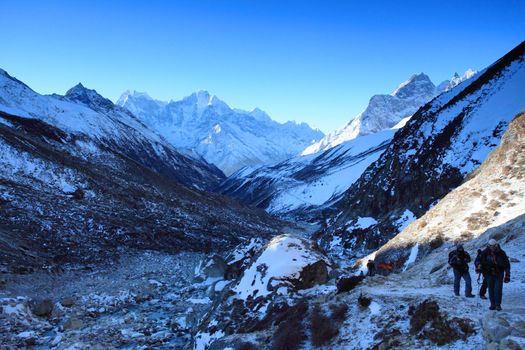 Morning. Tourists climb the mountains of the Himalayas. Nepal