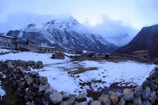 sunset in the mountains Himalayas, Dole village, Nepal