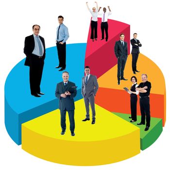 Business people standing on multicolored pie chart