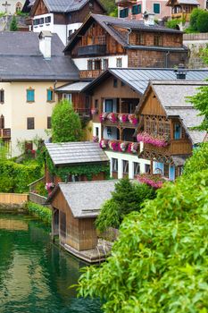 Guest houses view from Hallstatt village on Hallstatter lake shore, Austria