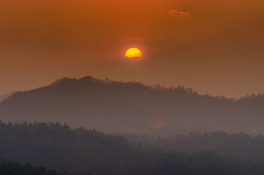 The sunset time and mountain at Wat Phra That Doi Kong Mu. Mae Hong Son, Thailand