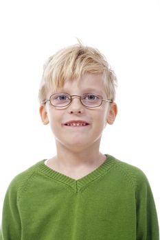 portrait of a boy with blond hair and glasses - isolated on white
