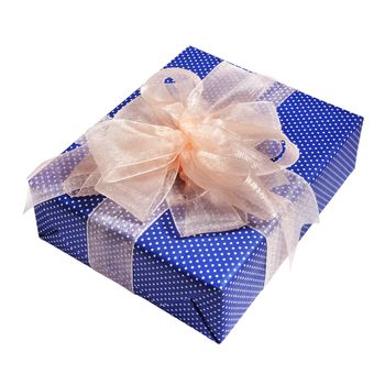 blue gift packing tied by ribbon, isolated on white with path