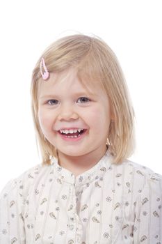 portrait of a girl with blond hair, smiling - isolated on white