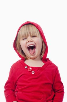 portrait of a little girl with blond hair laughing - isolated on white