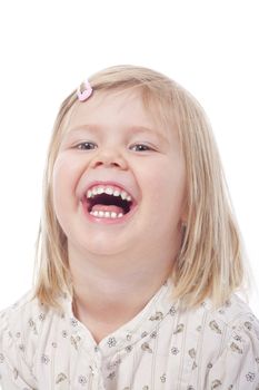 portrait of a little girl with blond hair laughing - isolated on white