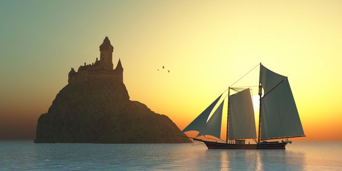 A schooner sails by a fortress castle on an island offshore from the coastline.