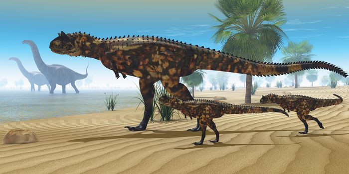 A Carnotaurus mother brings her offspring down to a river to drink as two Apatosaurus dinosaurs wade by.