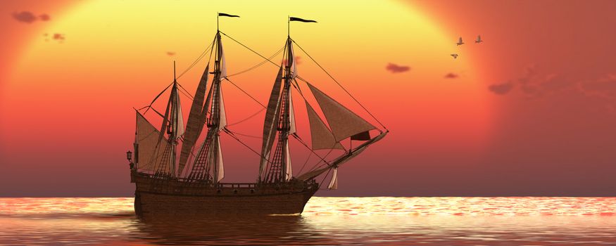 A galleon frigate ship makes it way across ocean waters as the sun sets on another day.