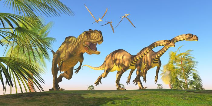 Two Massospondylus dinosaurs run for their lives with a Yangchuanosaurus hunting them.