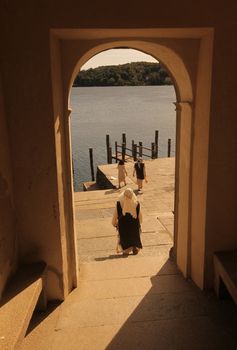 The church of Isola San Giulio in the Ortasee outside of the Fishingvillage of Orta on the Lake Orta in the Lombardia  in north Italy. 