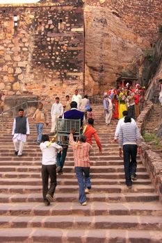 Local people going up the stairs at Ranthambore Fort, Rajasthan, India