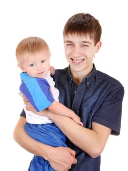 Happy Young Father and Baby Isolated on the White Background