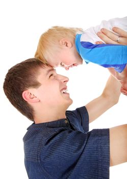Happy Young Father and Baby Isolated on the White Background