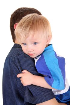 Young Father and Baby Isolated on the White Background