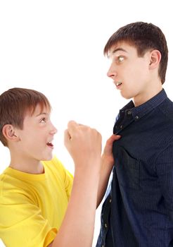 Kid threatens to Teenager with a Fist Isolated on the White Background