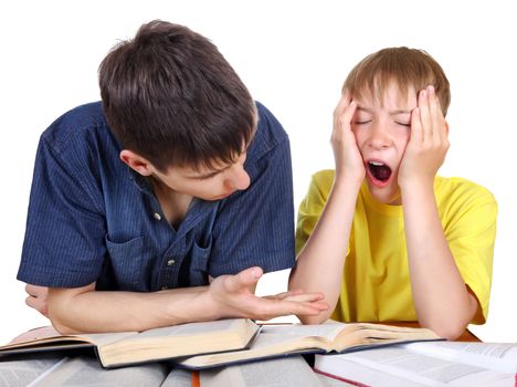 Older Brother and Annoyed Kid on the School Desk on the white background