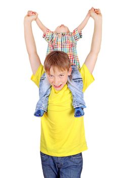 Happy Kid and Baby Boy sitting on the Shoulders on the White Background