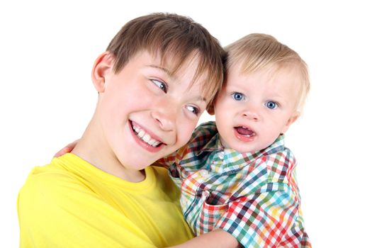Happy Kid and Baby Boy Portrait Isolated on the White Background